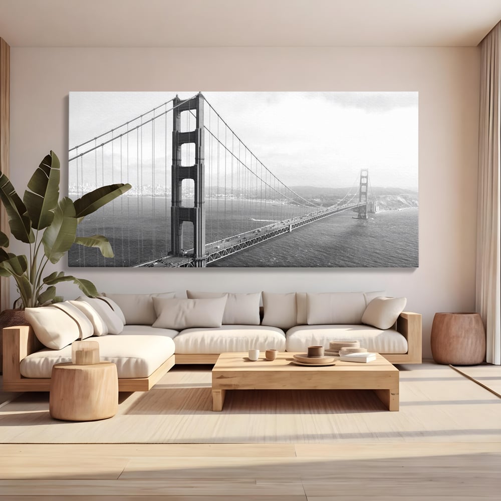 Tablou canvas cu fotografie alb-negru cu podul golden gate, fara rama, pe sasiu de lemn, pe perete intr-un living